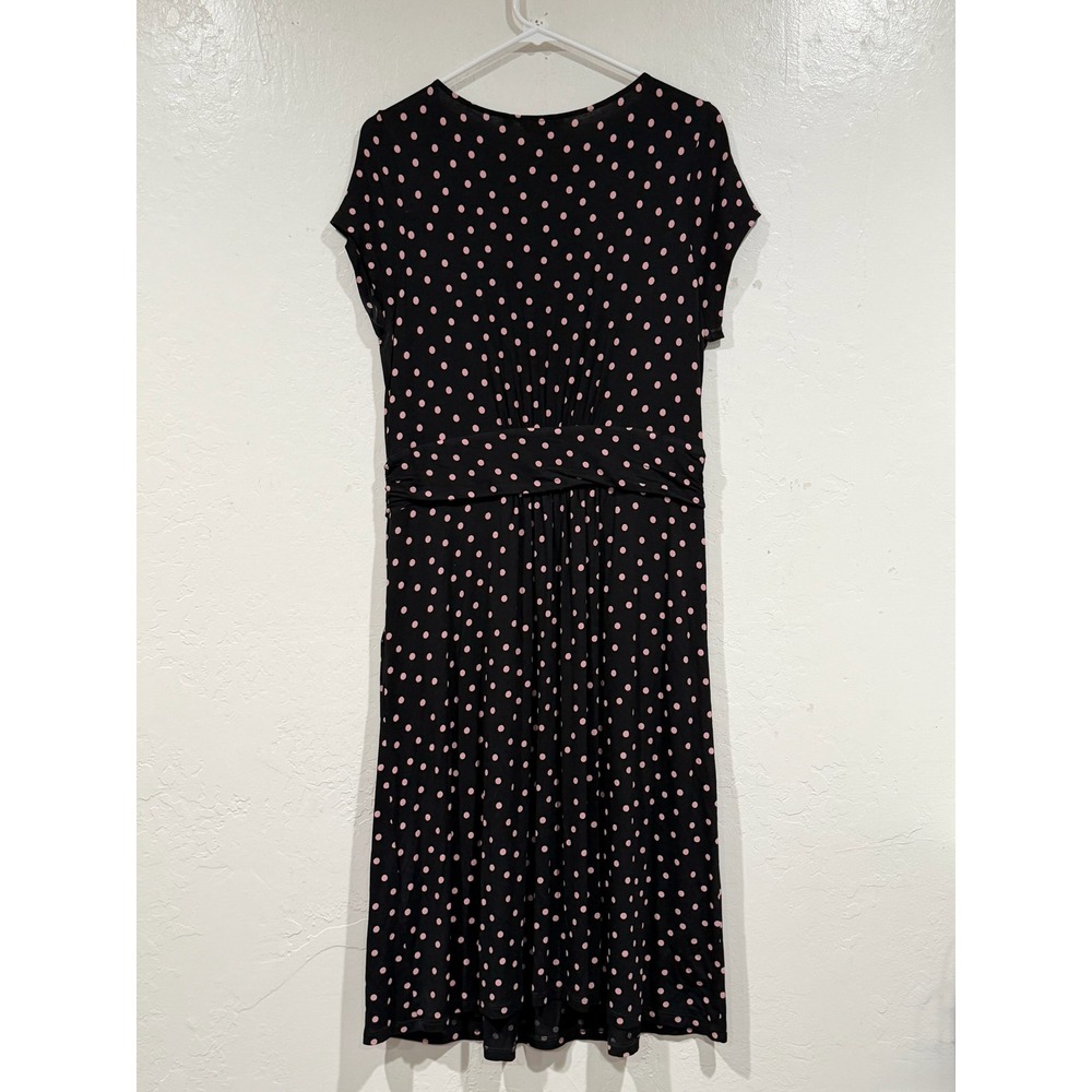Boden Black Pink Polka Dot Jersey Dress US 10R Cap Sleeve Cinched Waist Pockets - Picture 3 of 6